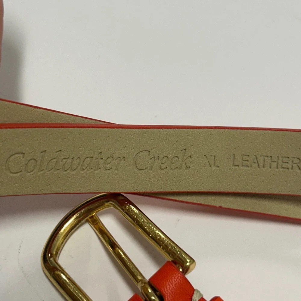 Coldwater Creek Orange Leather Skinny Belt Gold Buckle XL Vibrant Accessory